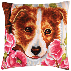 Cushion cross stitch kit Dog and Pink Poppies - Collection d'Art