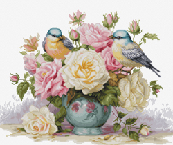 Borduurpakket Vase with Roses and Birds - Luca-S